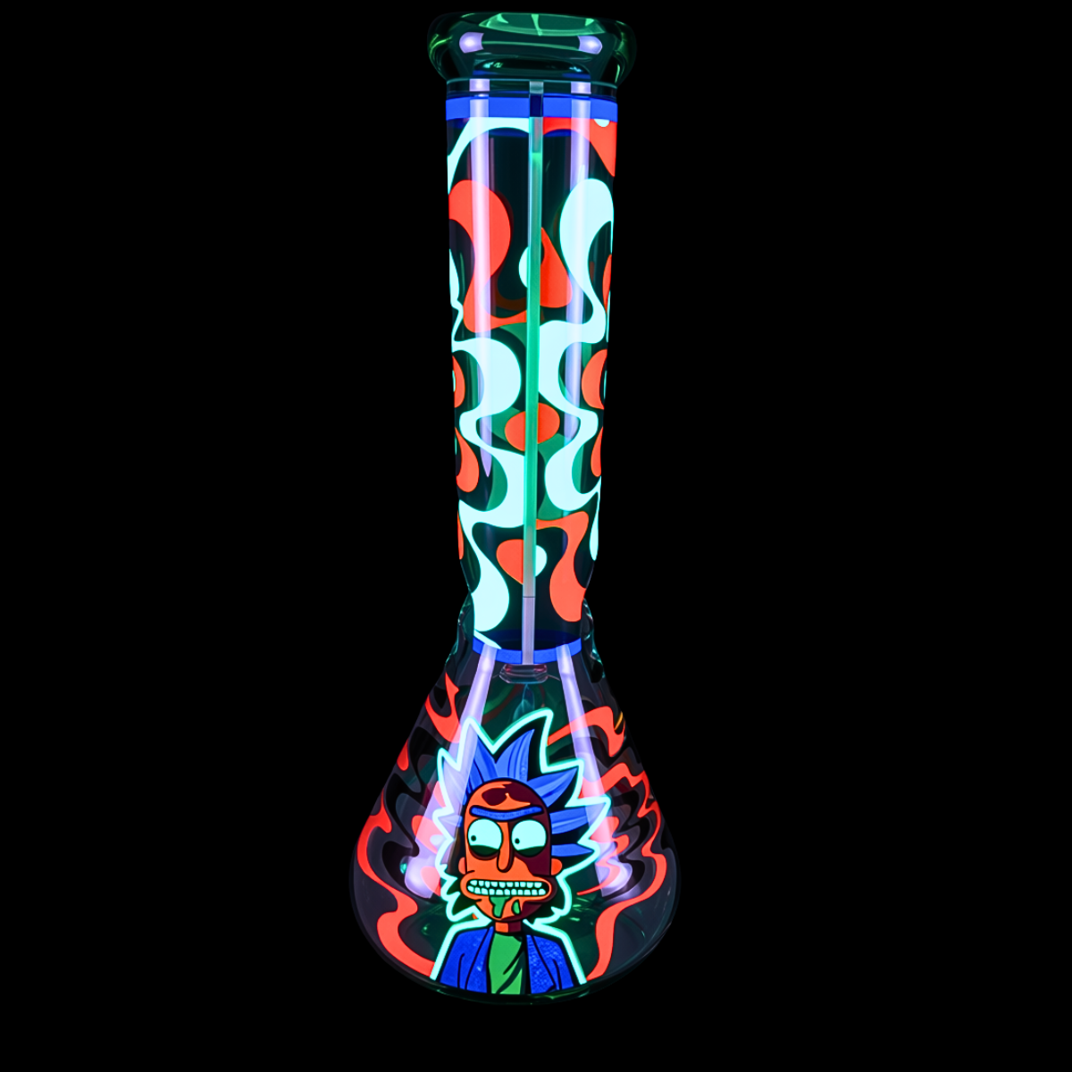 Glass beaker bong with colourful green and red glow-in-the-dark artwork