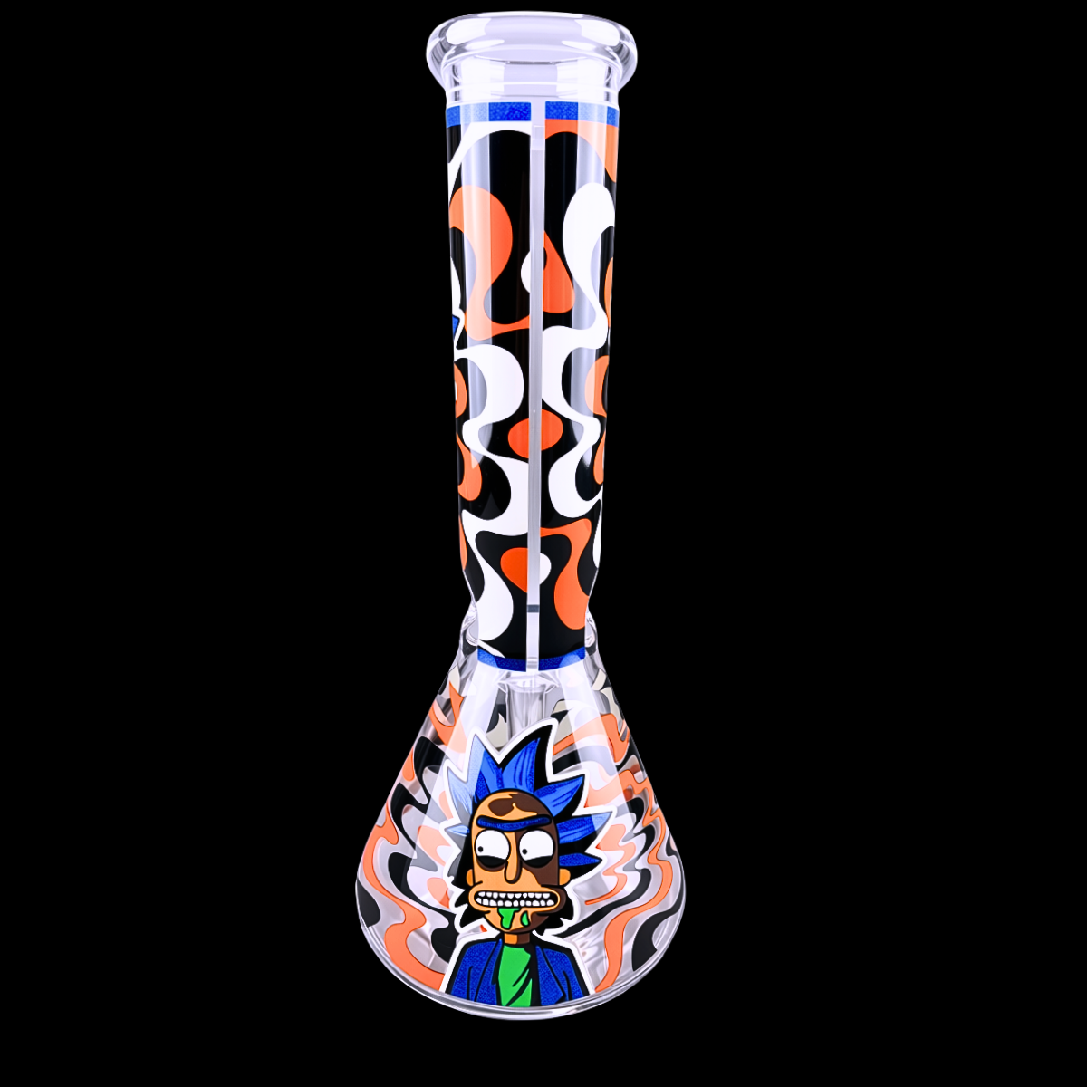  Clear beaker bong with orange and black cartoon-inspired artwork