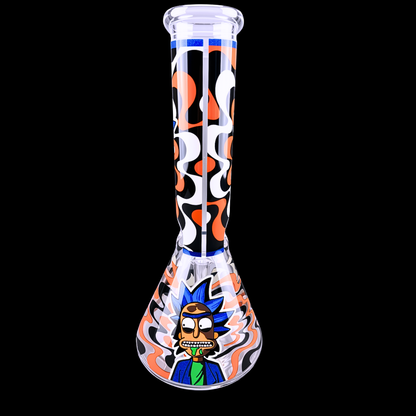  Clear beaker bong with orange and black cartoon-inspired artwork