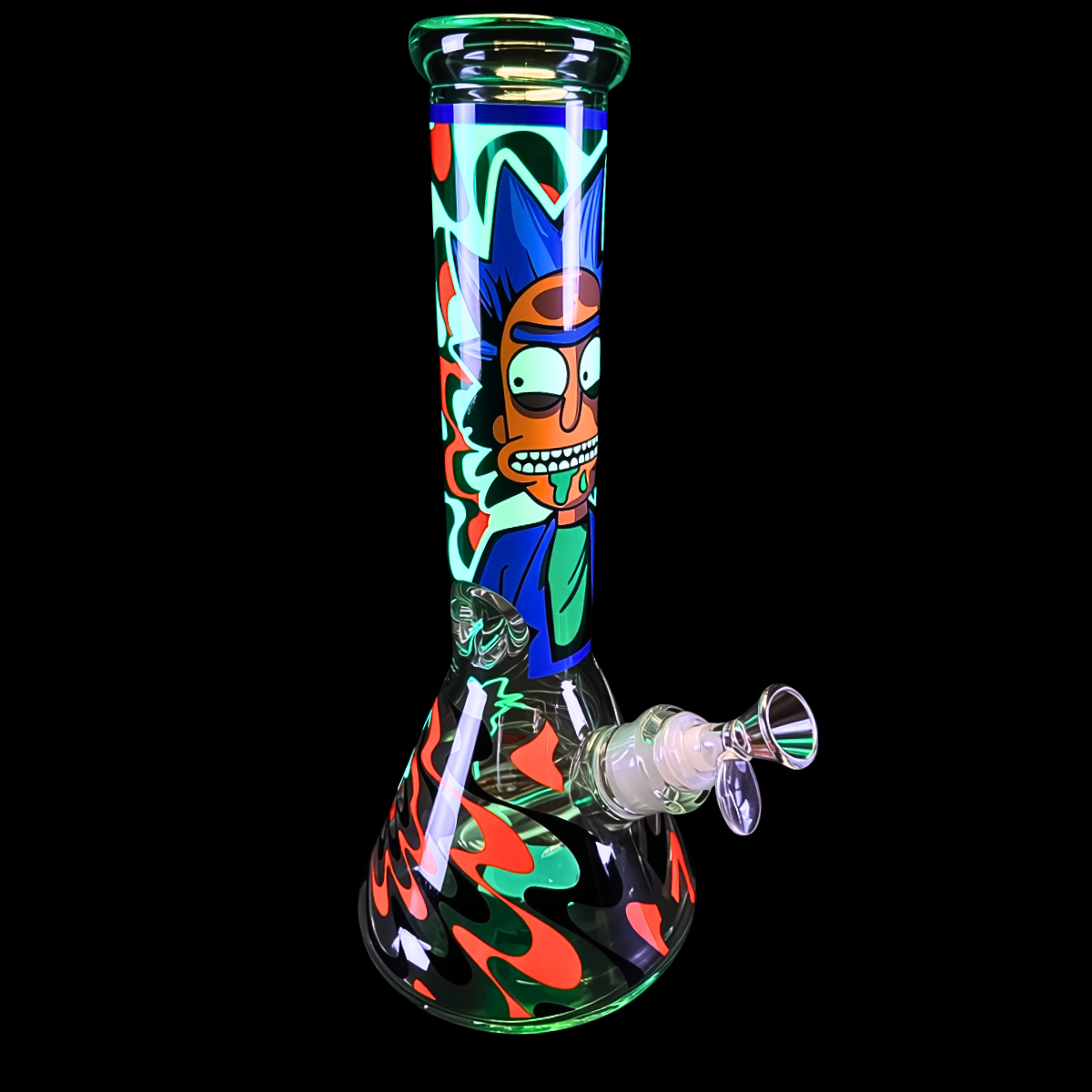 Rick and Morty-inspired glow-in-the-dark glass beaker bong with colourful graffiti artwork