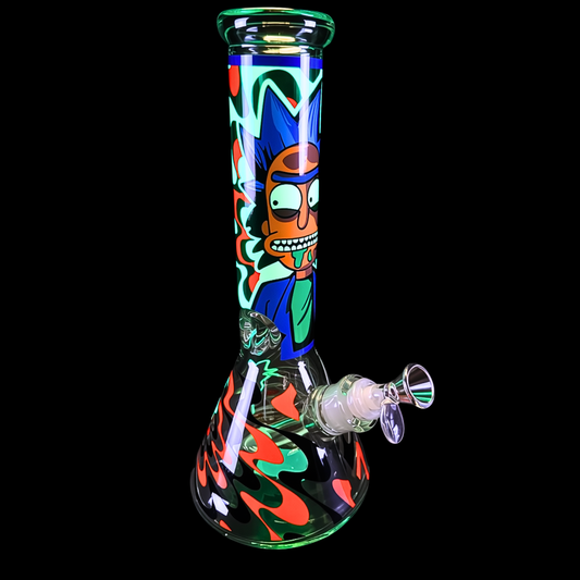 Rick and Morty-inspired glow-in-the-dark glass beaker bong with colourful graffiti artwork