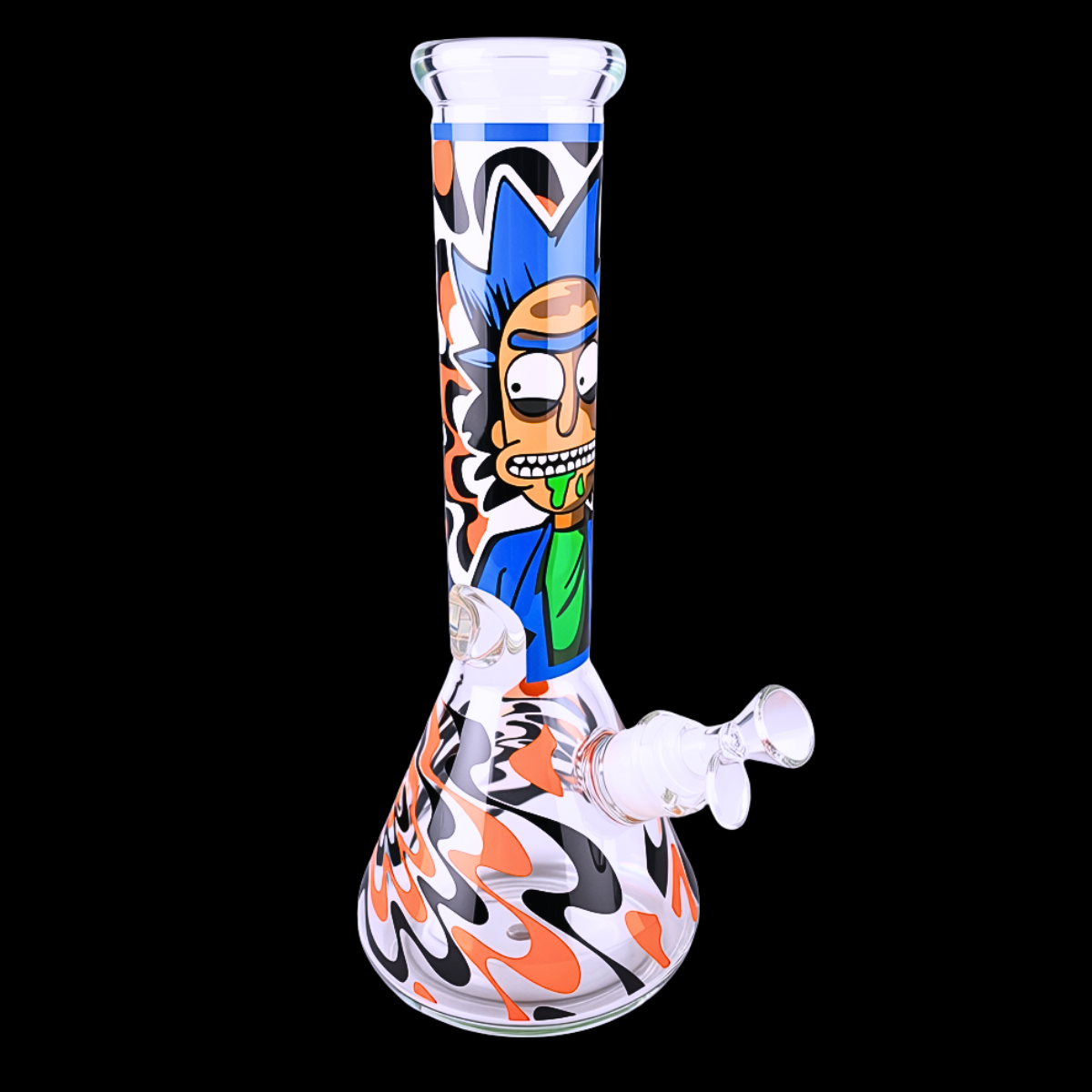 Clear glass beaker bong with blue and orange cartoon-inspired glow design