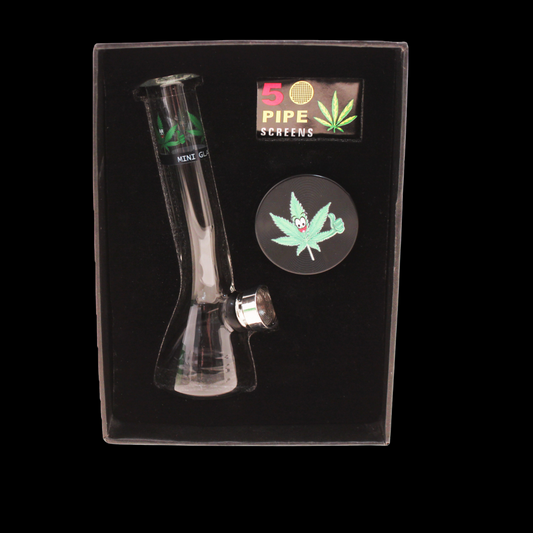 Boxed gift set with 13 cm glass leaf waterpipe, 40 mm grinder and 5 pipe screens

Block includes chips, bullets, specs (13 cm / 52 g, 40 mm grinder), FAQs, legal note, and cross-sell to Dr Greens Cleaner + spare screens, plus a “Browse all Bongs” CTA.

Want me to switch the related second card to lighters or hemp wick instead?