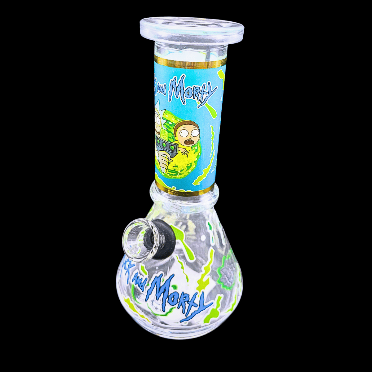 Rick and Morty mini glass bong with blue neck design – 6 inch