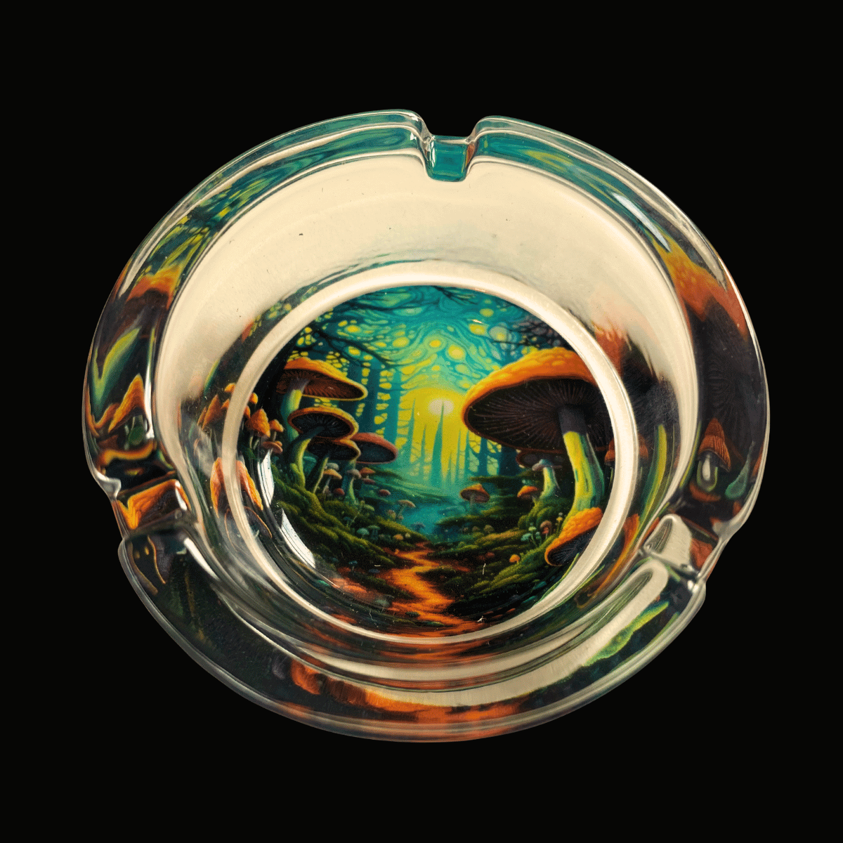 Shroom themed glass ashtray with colourful mushroom artwork