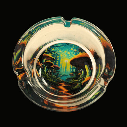 Shroom themed glass ashtray with colourful mushroom artwork