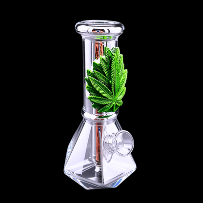 Clear mini glass beaker bong with raised 3D green leaf decoration