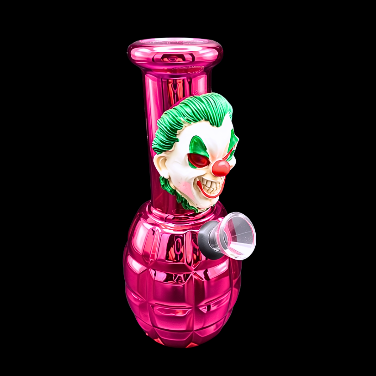 Sinister Clown pink grenade-shaped mini glass bong with raised 3D face