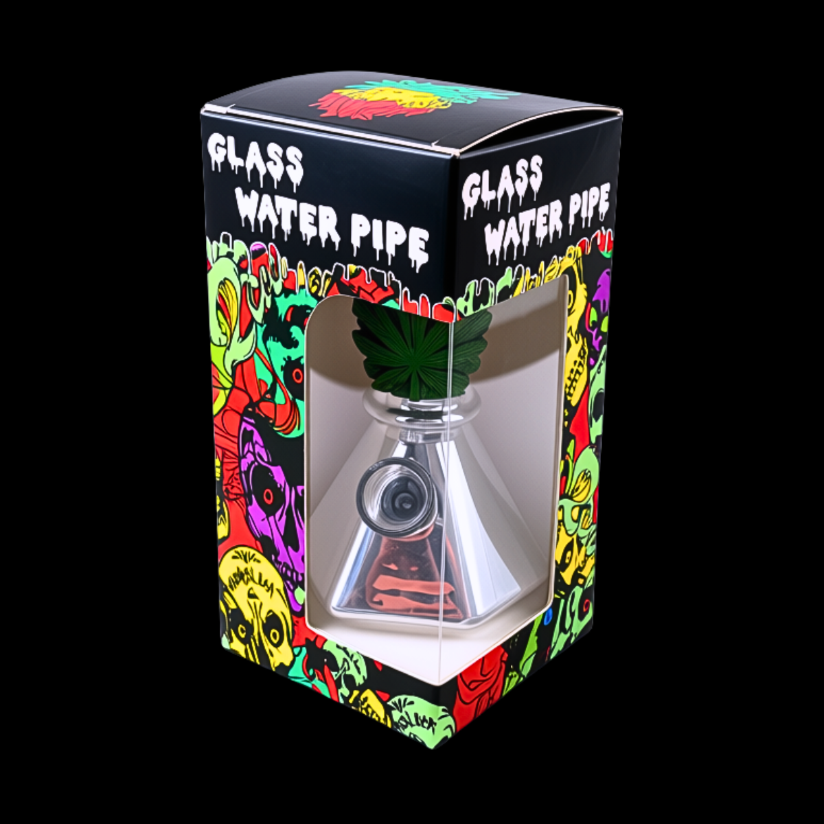 1. 3D green leaf mini glass bong displayed inside its colourful presentation box