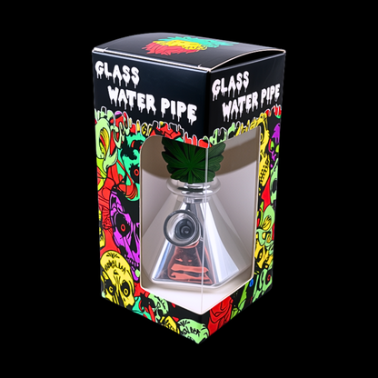 1. 3D green leaf mini glass bong displayed inside its colourful presentation box